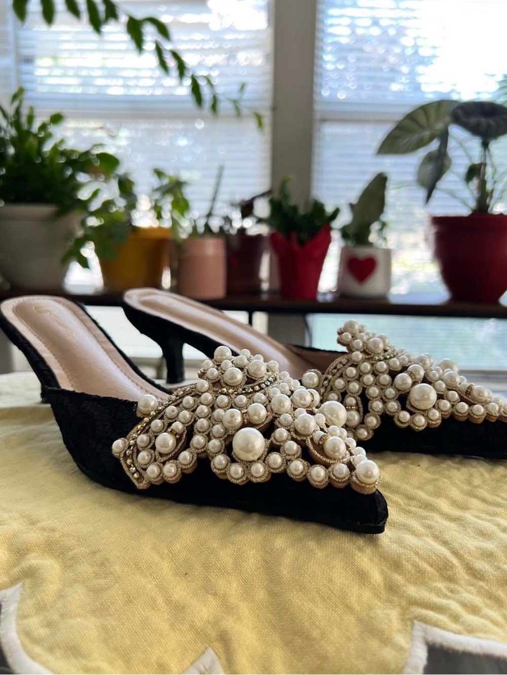 Vita Grace pearl-embellished pointed-toe kitten heel mules